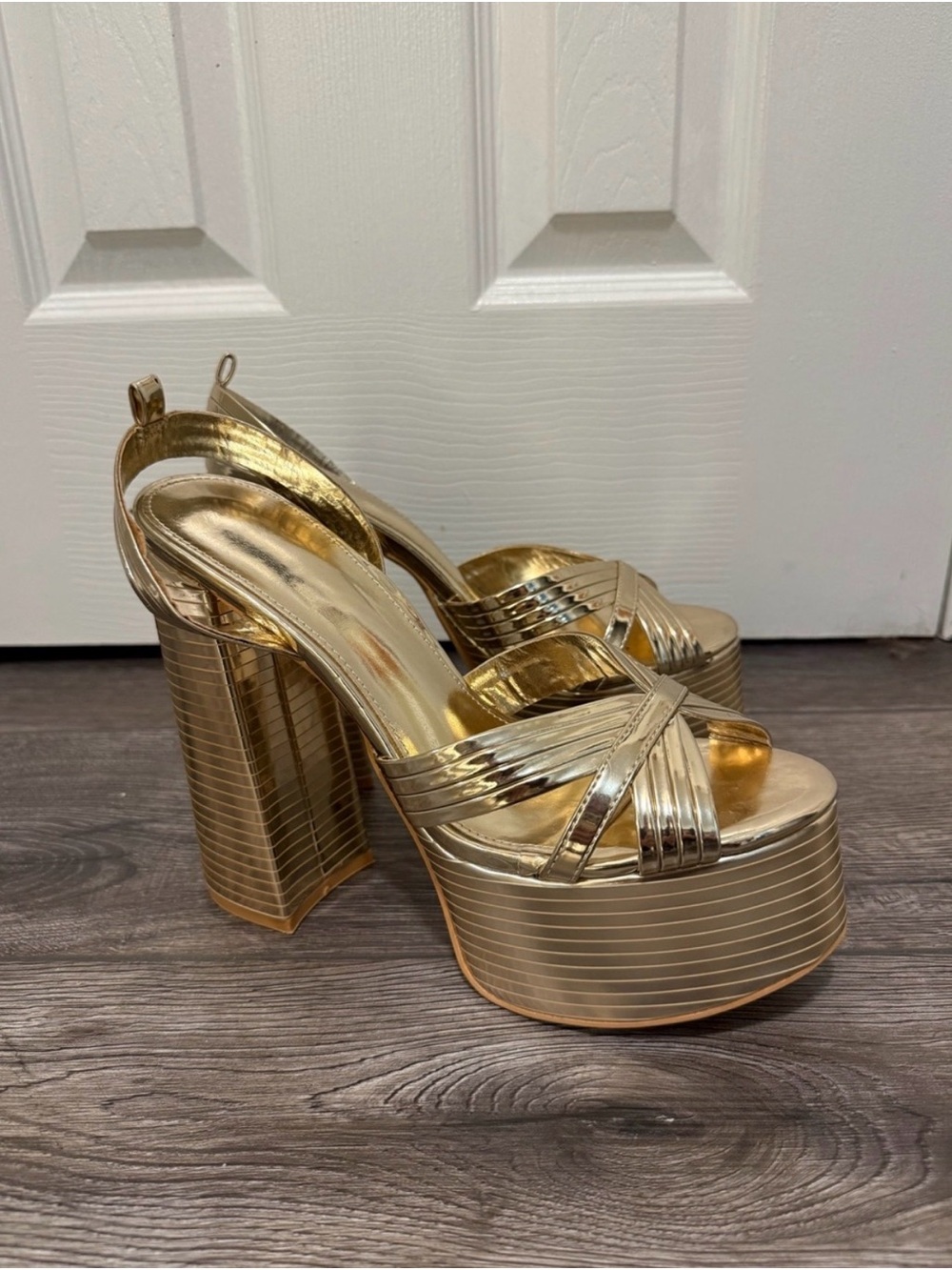 Size 9 Gold Metallic Platform Block Heel Sandals